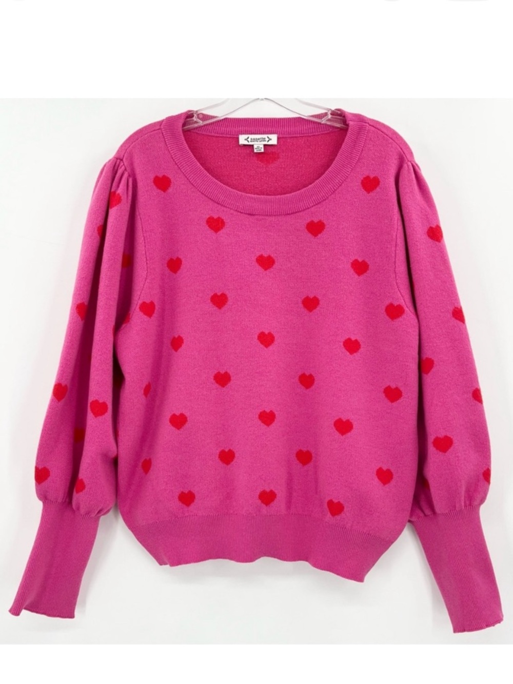 Nanette Lepore Pink Hearts Puff Sleeve Crewneck Sweater Size XL